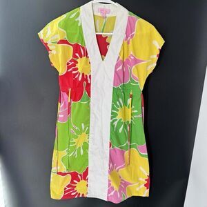 LILLY PULITZER Yellow Green Floral DRESS Drawstring V Neck Sz Small S